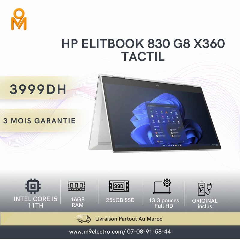 HP EliteBook 830 G8 x360 i5 11ᵉ Génération | 16Go RAM | 256Go SSD | Tactile | Occasion + Chargeur Original