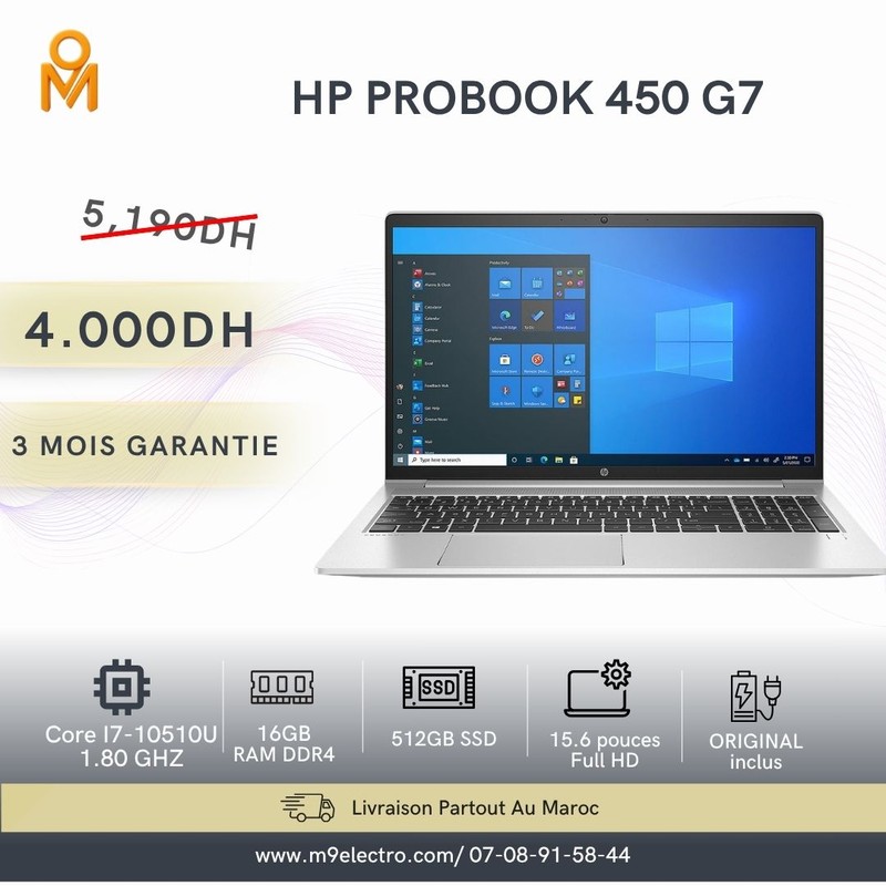 HP ProBook 450 G7 Core i7-10510U | 16Go RAM DDR4 | 512Go SSD | Écran 15.6" Full HD